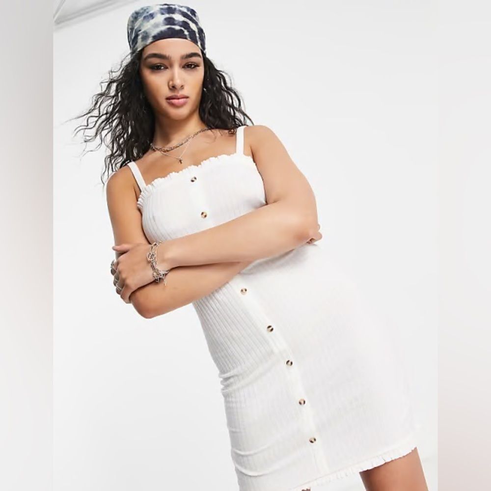 ASOS DESIGN mini button through ribbed dress with frill hem in cream white US 6